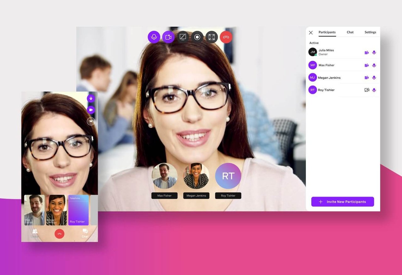 image of woman using vonage meetings with overlay of participants screenshot